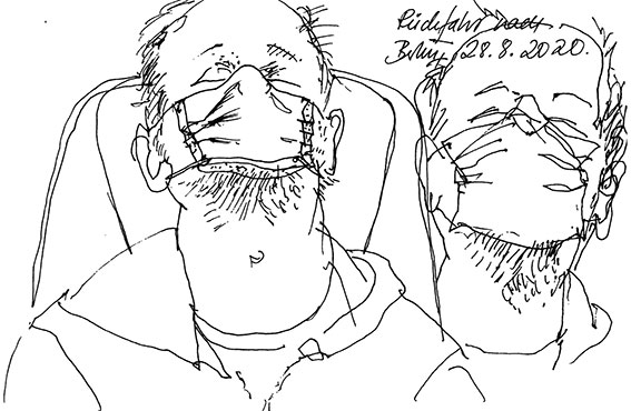 Bernhard mit Maske im Zug, Zeichnung, 2020